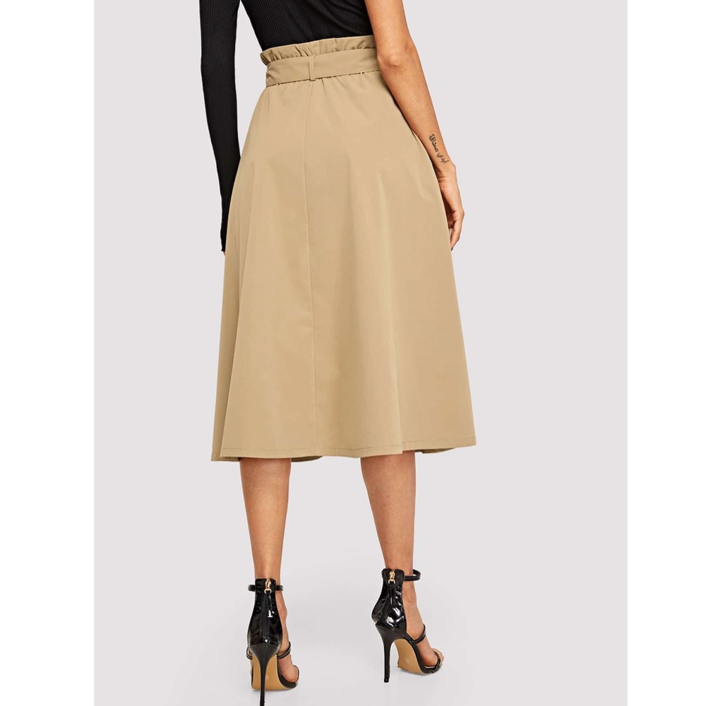 Trench Style Khaki Paper Bag Belted Midi Skirt - Picture 3 of 8
